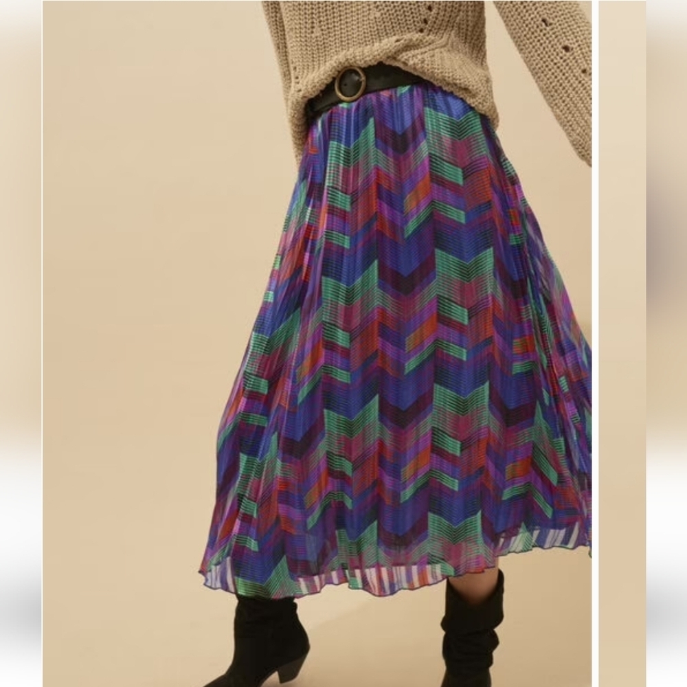 Ba&sh Paolo Vert Midi Lady Skirt Pleated Chevron A-Line Jewel Tone Size 3
